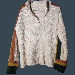 Vintage Inspired Retro Cream Half Zip Sweater Popcorn Multicolor Striped Sleeves